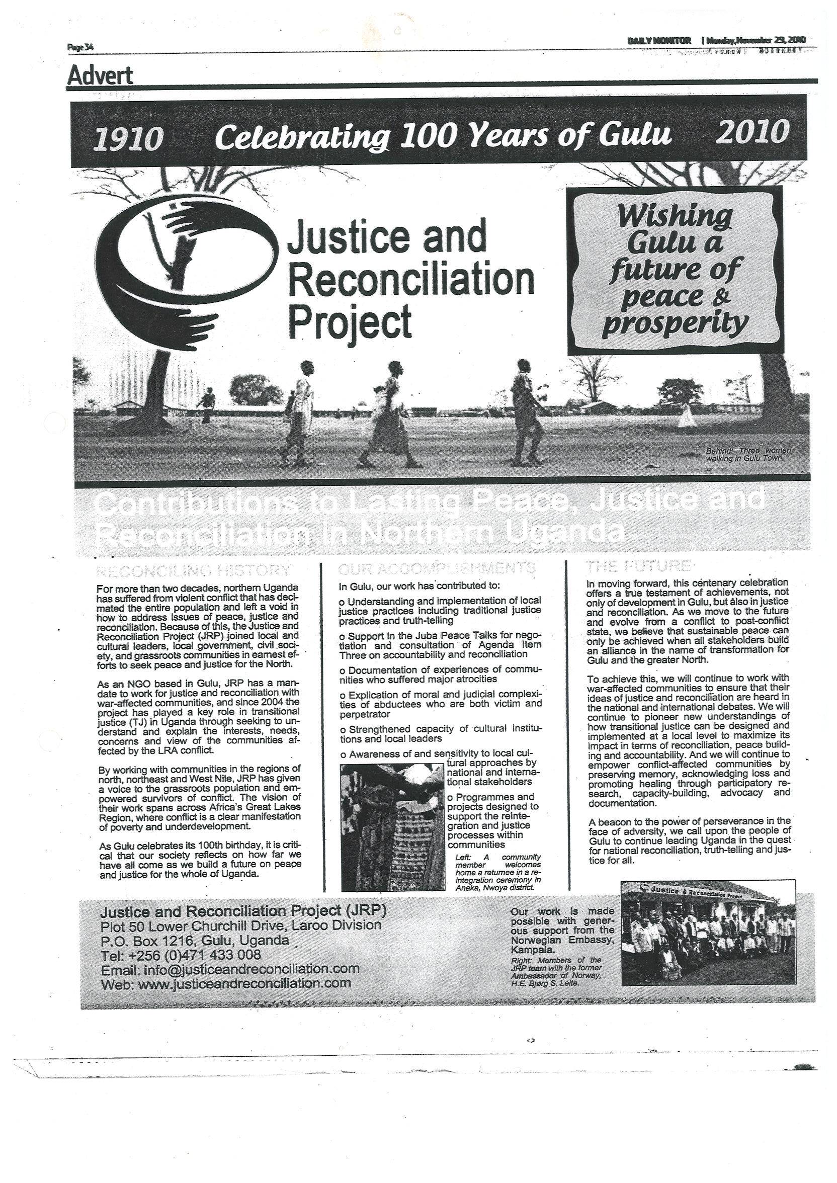 “Celebrating 100 Years of Gulu: Contributions to Lasting Peace, Justice and Reconciliation in Northern Uganda,” Supplement in Daily Monitor, 29 November 2010